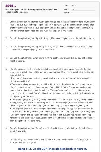 Giải SGK Địa Lí 12 Chân trời sáng tạo Bài 11: Chuyển dịch cơ cấu kinh tế có đáp án
