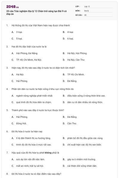 20 câu Trắc nghiệm Địa lý 12 Chân trời sáng tạo Bài 9 có đáp án