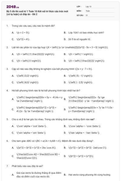 Bộ 5 đề thi cuối kì 1 Toán 10 Kết nối tri thức cấu trúc mới (có tự luận) có đáp án - Đề 2