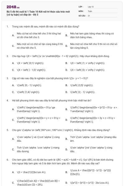 Bộ 5 đề thi cuối kì 1 Toán 10 Kết nối tri thức cấu trúc mới (có tự luận) có đáp án - Đề 3