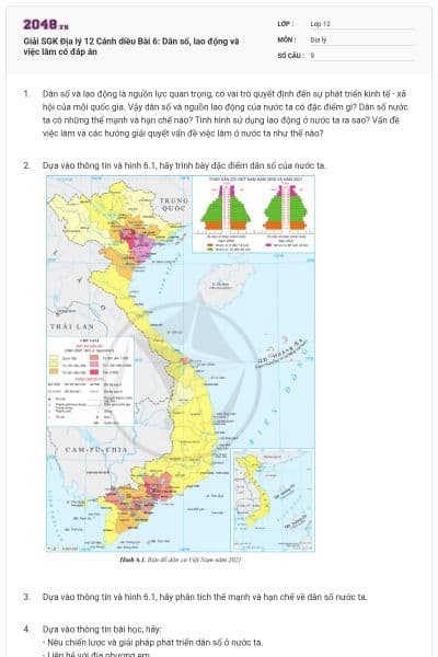 Giải SGK Địa lý 12 Cánh diều Bài 6: Dân số, lao động và việc làm có đáp án