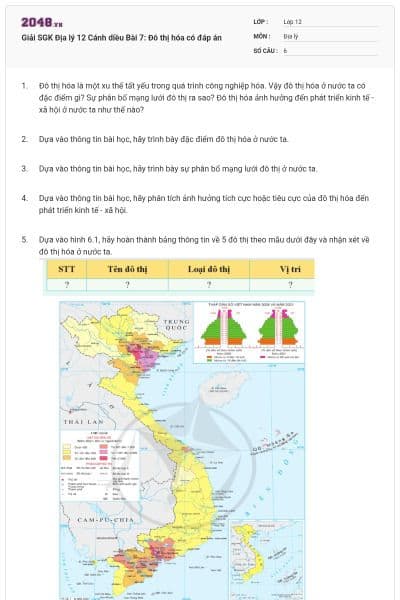 Giải SGK Địa lý 12 Cánh diều Bài 7: Đô thị hóa có đáp án