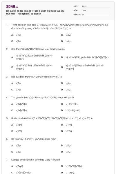 Đề cương ôn tập giữa kì 1 Toán 8 Chân trời sáng tạo cấu trúc mới (Trắc nghiệm) có đáp án
