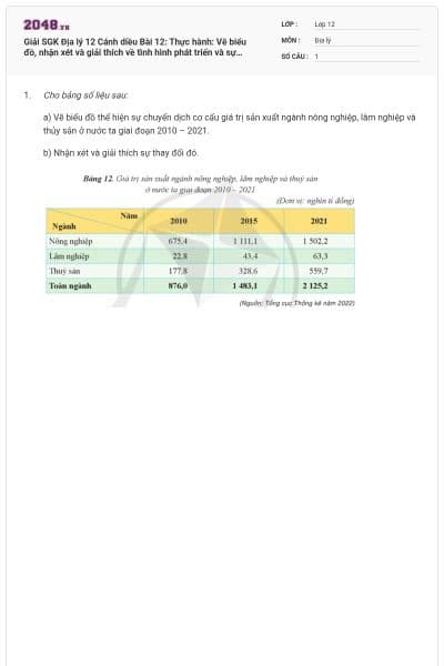 Giải SGK Địa lý 12 Cánh diều Bài 12: Thực hành: Vẽ biểu đồ, nhận xét và giải thích về tình hình phát triển và sự chuyển dịch cơ cấu của ngành nông nghiệp, lâm nghiệp và thủy sản có đáp án