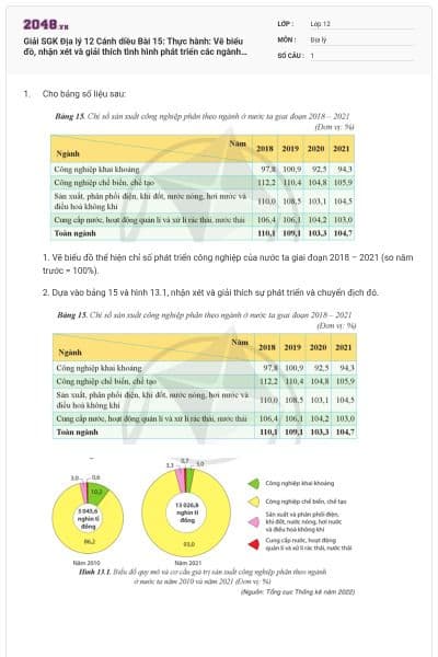 Giải SGK Địa lý 12 Cánh diều Bài 15: Thực hành: Vẽ biểu đồ, nhận xét và giải thích tình hình phát triển các ngành công nghiệp ở nước ta có đáp án