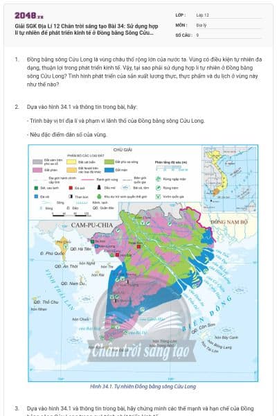 Giải SGK Địa Lí 12 Chân trời sáng tạo Bài 34: Sử dụng hợp lí tự nhiên để phát triển kinh tế ở Đồng bằng Sông Cửu Long có đáp án