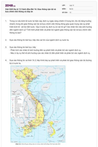 Giải SGK Địa lý 12 Cánh diều Bài 16: Giao thông vận tải và bưu chính viễn thông có đáp án
