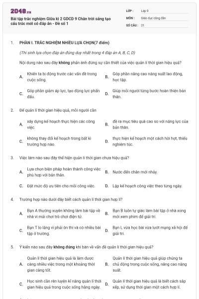 Bài tập trắc nghiệm Giữa kì 2 GDCD 9 Chân trời sáng tạo cấu trúc mới có đáp án - Đề số 1