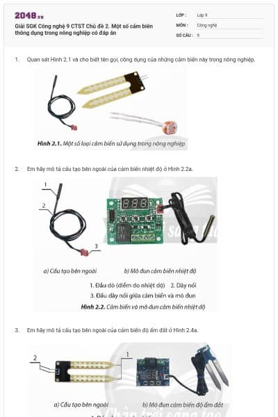 Giải SGK Công nghệ 9 CTST Chủ đề 2. Một số cảm biến thông dụng trong nông nghiệp có đáp án