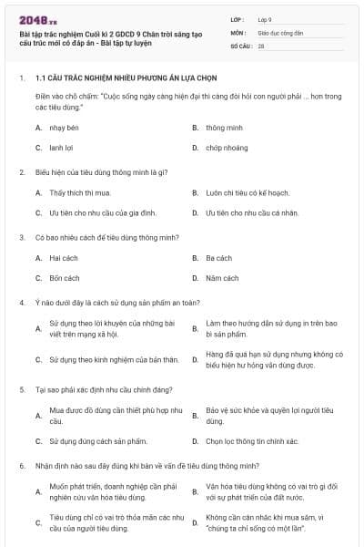 Bài tập trắc nghiệm Cuối kì 2 GDCD 9 Chân trời sáng tạo cấu trúc mới có đáp án - Bài tập tự luyện