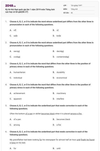 Kỳ thi thử thpt quốc gia lần 1 năm 2019 môn Tiếng Anh cực hay có lời giải(Đề 27)