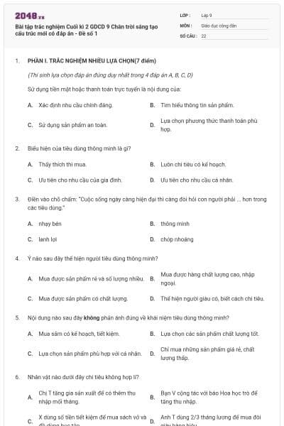 Bài tập trắc nghiệm Cuối kì 2 GDCD 9 Chân trời sáng tạo cấu trúc mới có đáp án - Đề số 1