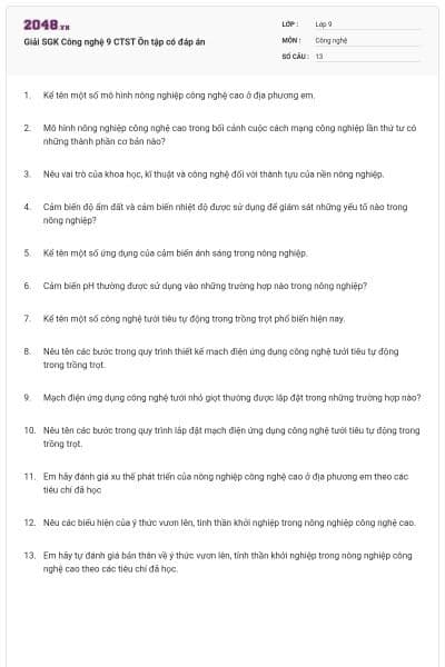 Giải SGK Công nghệ 9 CTST Ôn tập có đáp án