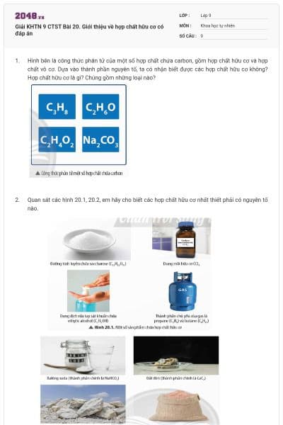 Giải KHTN 9 CTST Bài 20. Giới thiệu về hợp chất hữu cơ có đáp án