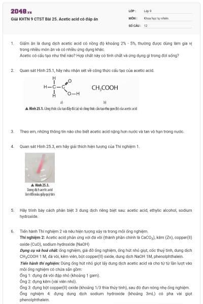 Giải KHTN 9 CTST Bài 25. Acetic acid có đáp án