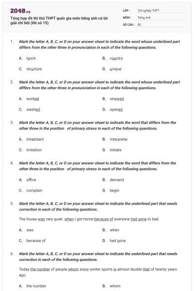 Tổng hợp đề thi thử THPT quốc gia môn tiếng anh có lời giải chi tiết (Đề số 15)