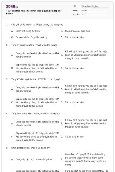 150+ câu trắc nghiệm Truyền thông quang có đáp án - Phần 4