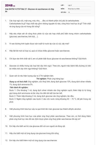 Giải KHTN 9 CTST Bài 27. Glucose và saccharose có đáp án