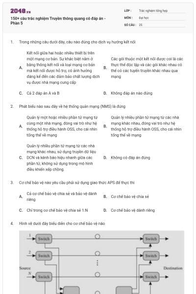150+ câu trắc nghiệm Truyền thông quang có đáp án - Phần 5
