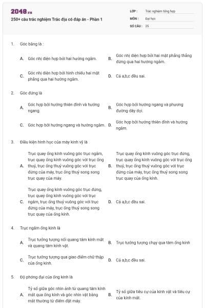 250+ câu trắc nghiệm Trắc địa có đáp án - Phần 1