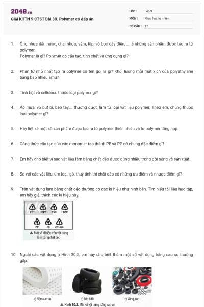 Giải KHTN 9 CTST Bài 30. Polymer có đáp án