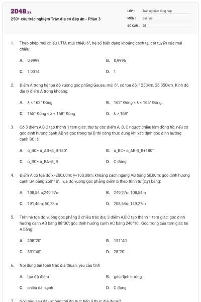 250+ câu trắc nghiệm Trắc địa có đáp án - Phần 3