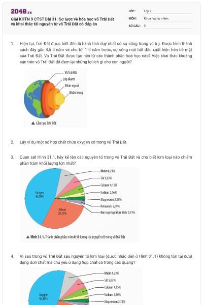 Giải KHTN 9 CTST Bài 31. Sơ lược về hóa học vỏ Trái Đất và khai thác tài nguyên từ vỏ Trái Đất có đáp án