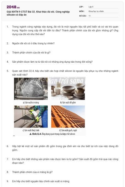 Giải KHTN 9 CTST Bài 32. Khai thác đá vôi. Công nghiệp silicate có đáp án