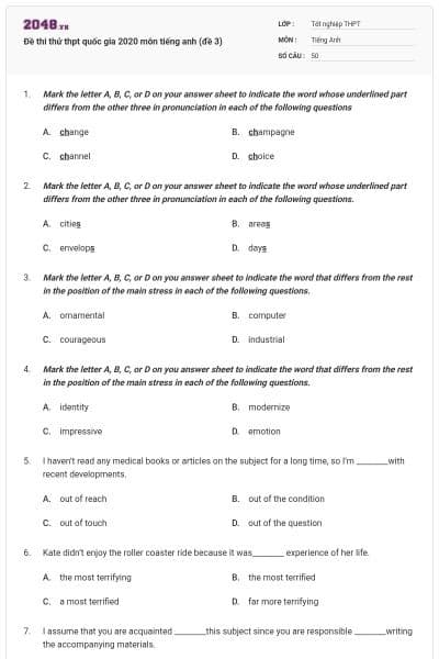 Đề thi thử thpt quốc gia 2020 môn tiếng anh (đề 3)