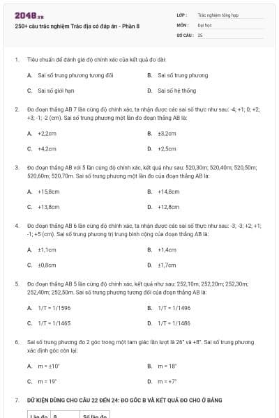 250+ câu trắc nghiệm Trắc địa có đáp án - Phần 8