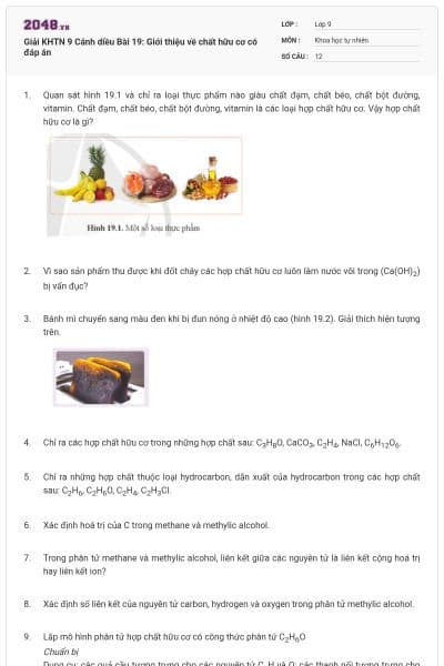 Giải KHTN 9 Cánh diều Bài 19: Giới thiệu về chất hữu cơ có đáp án