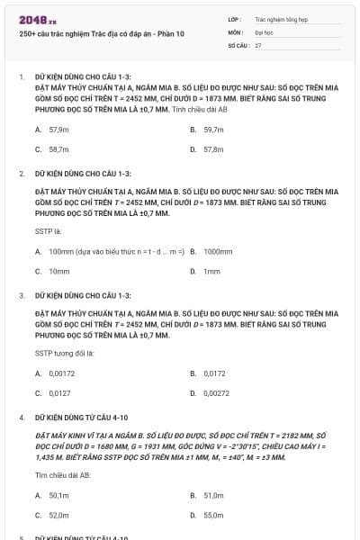 250+ câu trắc nghiệm Trắc địa có đáp án - Phần 10