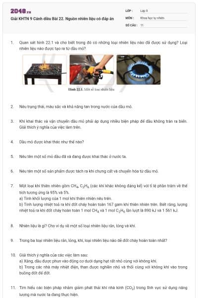 Giải KHTN 9 Cánh diều Bài 22. Nguồn nhiên liệu có đáp án