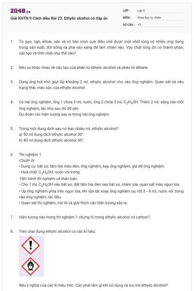 Giải KHTN 9 Cánh diều Bài 23. Ethylic alcohol có đáp án