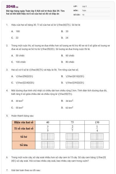 Bài tập hàng ngày Toán lớp 5 Kết nối tri thức Bài 39. Tìm hai số khi biết hiệu và tỉ số của hai số đó có đáp án
