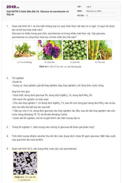 Giải KHTN 9 Cánh diều Bài 26. Glucose và saccharose có đáp án