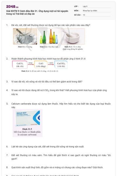 Giải KHTN 9 Cánh diều Bài 31. Ứng dụng một số tài nguyên trong vỏ Trái Đất có đáp án