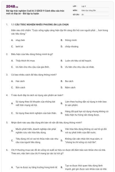 Bài tập trắc nghiệm Cuối kì 2 GDCD 9 Cánh diều cấu trúc mới có đáp án - Bài tập tự luyện
