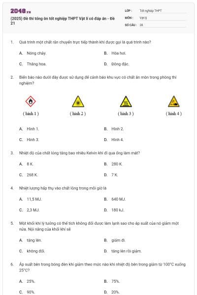 (2025) Đề thi tổng ôn tốt nghiệp THPT Vật lí có đáp án - Đề 21