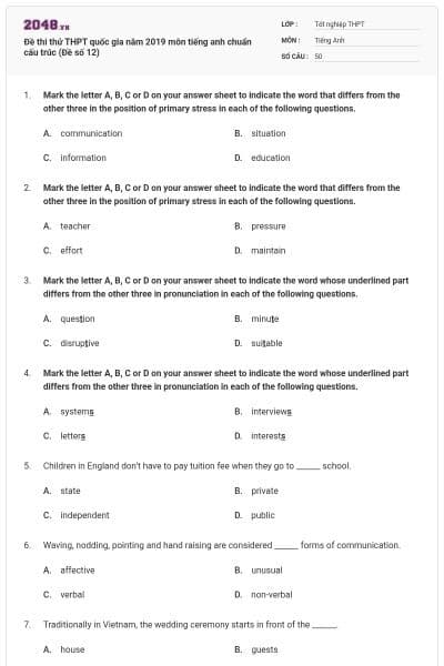 Đề thi thử THPT quốc gia năm 2019 môn tiếng anh chuẩn cấu trúc (Đề số 12)
