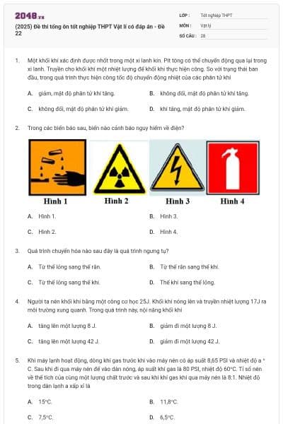 (2025) Đề thi tổng ôn tốt nghiệp THPT Vật lí có đáp án - Đề 22
