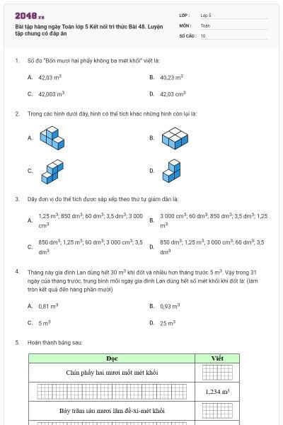 Bài tập hàng ngày Toán lớp 5 Kết nối tri thức Bài 48. Luyện tập chung có đáp án