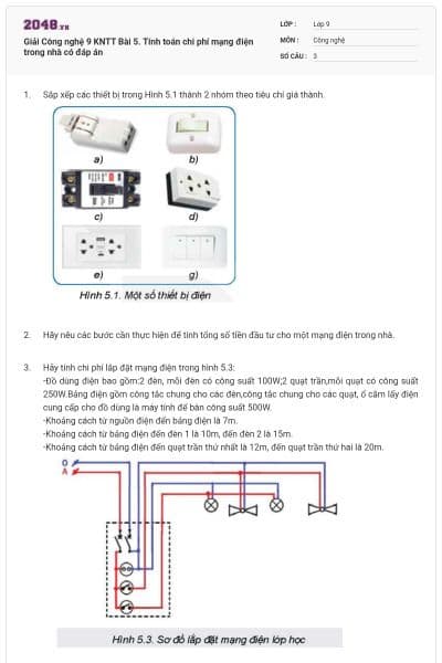 Giải Công nghệ 9 KNTT Bài 5. Tính toán chi phí mạng điện trong nhà có đáp án