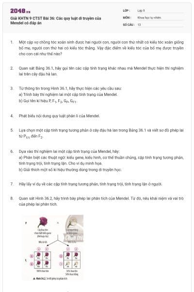 Giải KHTN 9 CTST Bài 36: Các quy luật di truyền của Mendel có đáp án