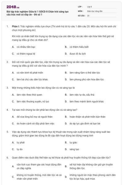 Bài tập trắc nghiệm Giữa kì 1 GDCD 8 Chân trời sáng tạo cấu trúc mới có đáp án - Đề số 1
