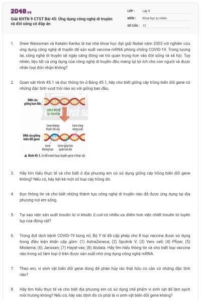 Giải KHTN 9 CTST Bài 45: Ứng dụng công nghệ di truyền và đời sống có đáp án