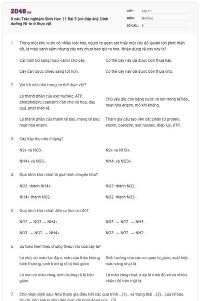 8 câu  Trắc nghiệm Sinh Học 11 Bài 5 (có đáp án): Dinh dưỡng Ni-tơ ở thực vật