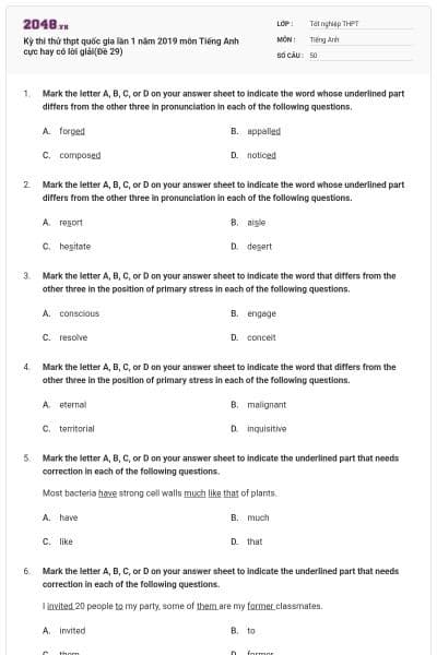 Kỳ thi thử thpt quốc gia lần 1 năm 2019 môn Tiếng Anh cực hay có lời giải(Đề 29)