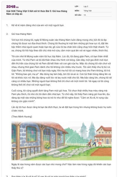 Giải SGK Tiếng Việt 5 Kết nối tri thức Bài 5: Giỏ hoa tháng Năm có đáp án