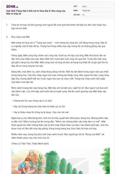 Giải SGK Tiếng Việt 5 Kết nối tri thức Bài 8: Khu rừng của Mát có đáp án